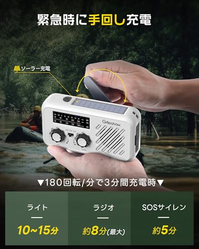 [Recommended by the Disaster Prevention and Safety Association] Greeshow Multi-Function Portable Emergency Radio, SW/AM/FM Hand-Crank Radio (FM Freque