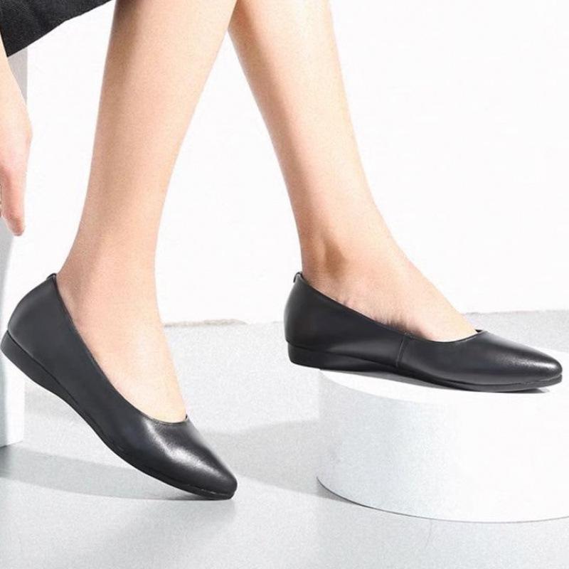 Leather work shoes single shoes women's flat soft sole professional flight attendant women's shoes black leather shoes work shoes comfortable thick he