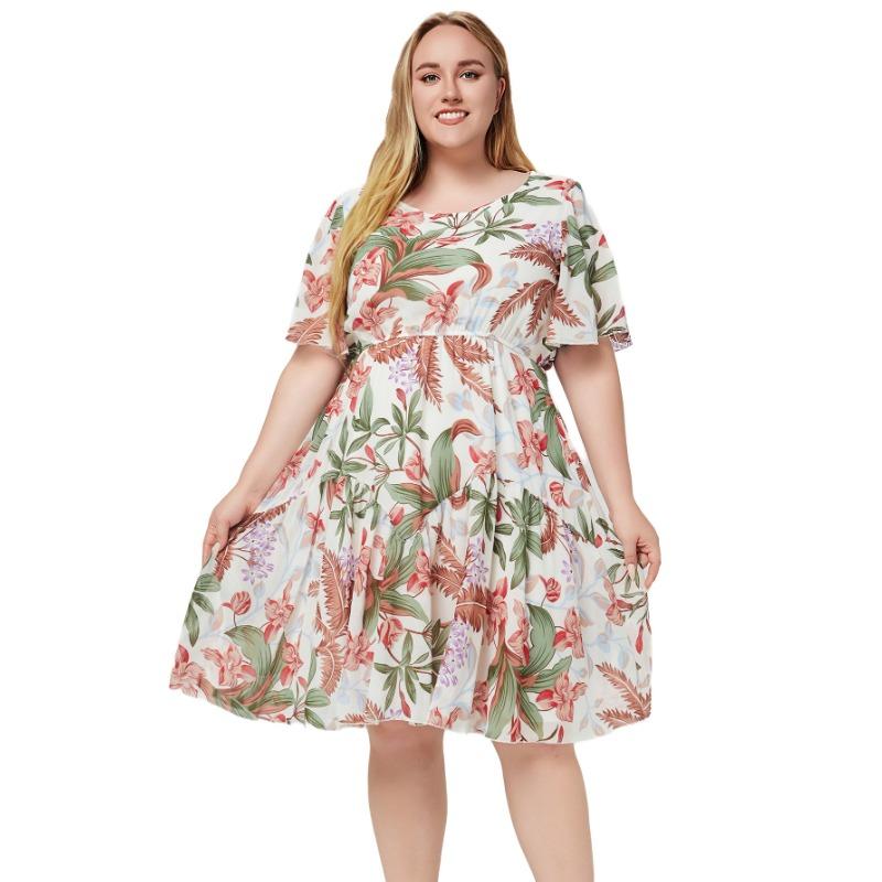 Plus Size Women's Dress Summer Round Neck Short Sleeve Printed Chiffon Dresses