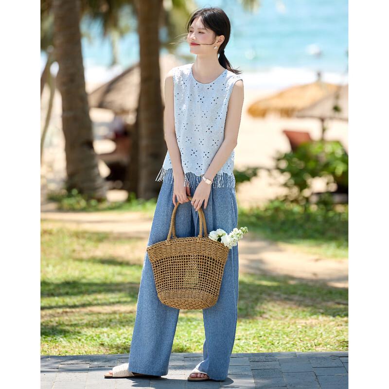 Women's Linen Blend Hollow Knit Top & Denim Pants Set