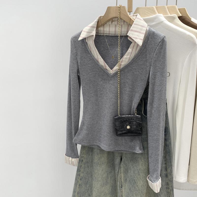 Women s Designer Polo Collar Knit Spliced Shirt, Stylish Two-Piece Look, Autumn/Winter 2026. S