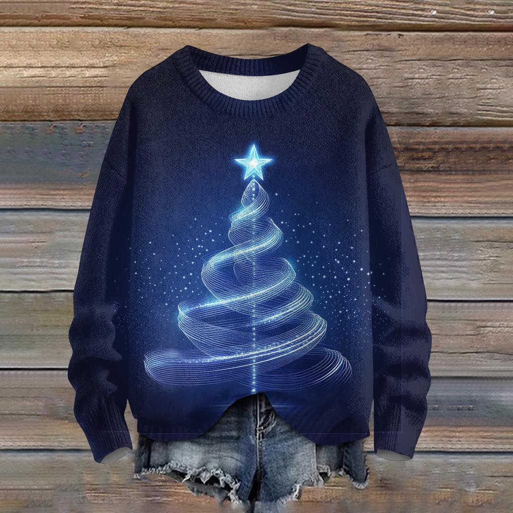 Ladies' Fashionable Casual Long Sleeved Beautiful Christmas Tree Print Round Neck Yarn Knitting