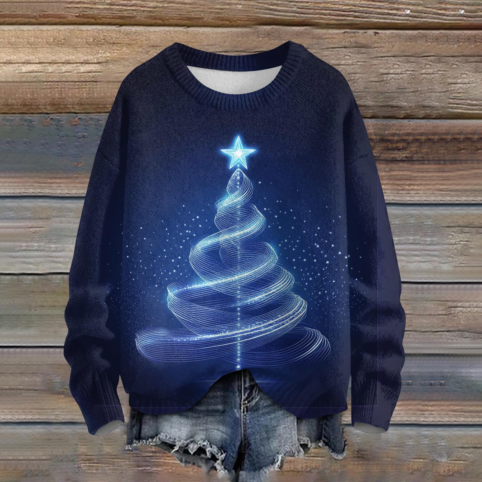 

Ladies Fashionable Casual Long Sleeved Beautiful Christmas Tree Print Round Neck Yarn Knitting L