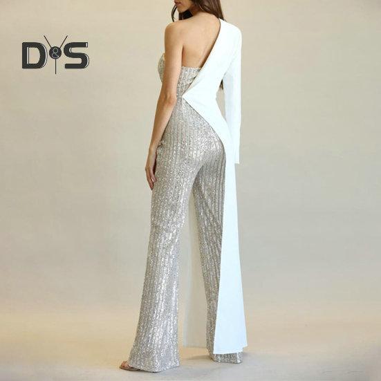 Salopetă pentru femei, cu un umăr, cu o mânecă, haină, rochie, paiete strălucitoare, asimetrică, culoare asortată cu picior lat, talie strânsă, salopetă pentru petrecere de bal