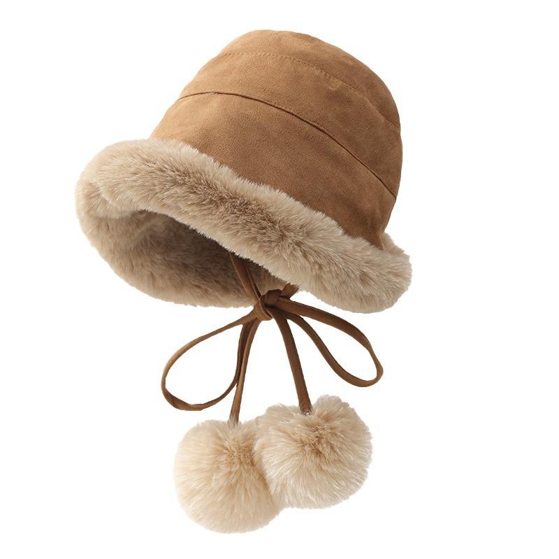 Cute Fur Ball Suede Fisherman Hat for Women In Autumn and Winter Thickened Velvet Warmth and Cold Protection Ear Protection Hat Plush Pot Hat