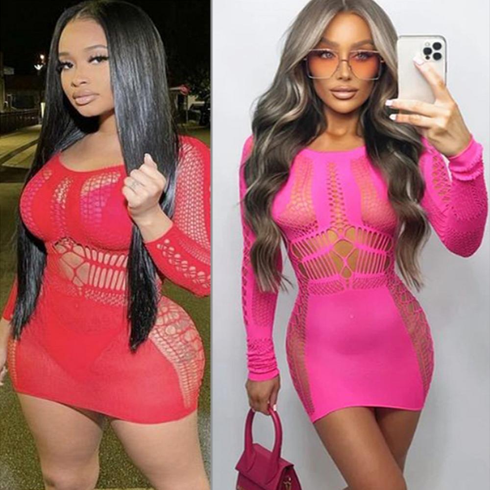 Red Sexy Dress Fishnet Babydolls Dress Ladies Costume Mesh Women Lingerie Erotic Clothes Internet Night Clubwear Nightdress