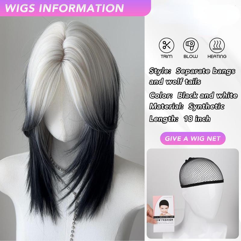 18 Inch Black And White Mullet Head Wig  Synthetic Straight Fluffy Natural Wolf Tail Hair for Daily Use Party Cosplay Korean Fashion