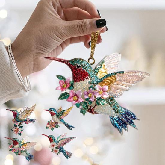 Acrylic Hummingbird Hanging Decoration Indoor Outdoor Garden Yard Window Wall Hanging 2D Flat Flower Colorful Bird Ornament