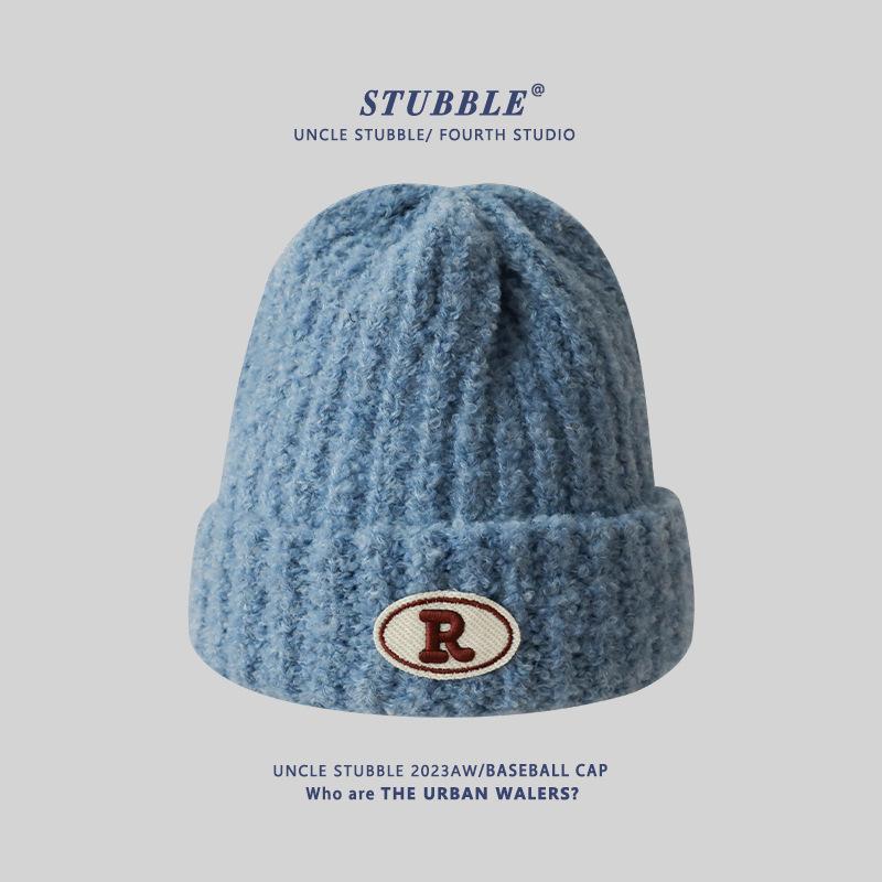 Warm Knitted Hats for Men and Women R Marked Face-showing Small Woolen Hats  Pile Hats for Couples  Outdoor Pullover Cold Hats