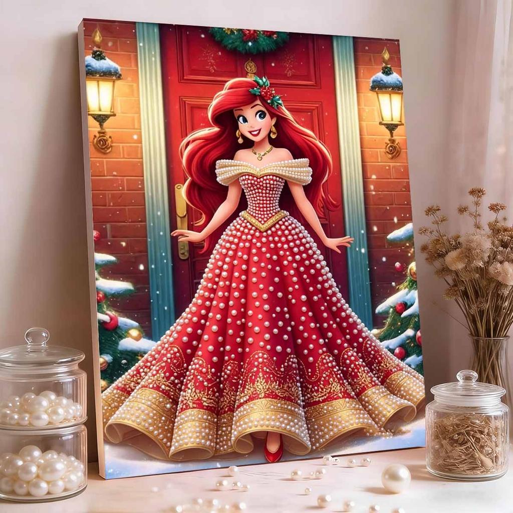 Christmas Red Door Ariel New Pearl-Inlaid Frameless Art | Handmade Pearl Craft, Red Door Snowy Christmas Theme, for Festive Luxury Decor