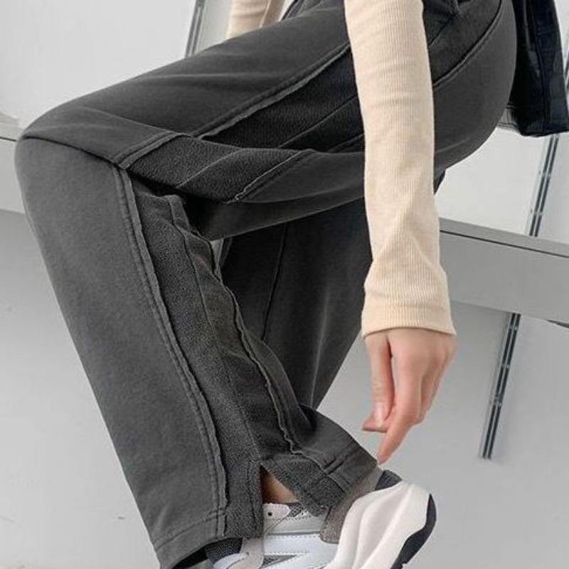 Women's Spring/Autumn Gray High-Waist Drapey Split Wide-Leg Sweatpants - Straight-Leg Casual Joggers