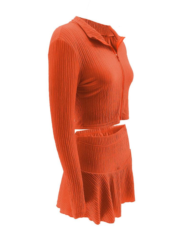 Dames Effen Kleur Rits Cropped Top & Ruche Rokje Set