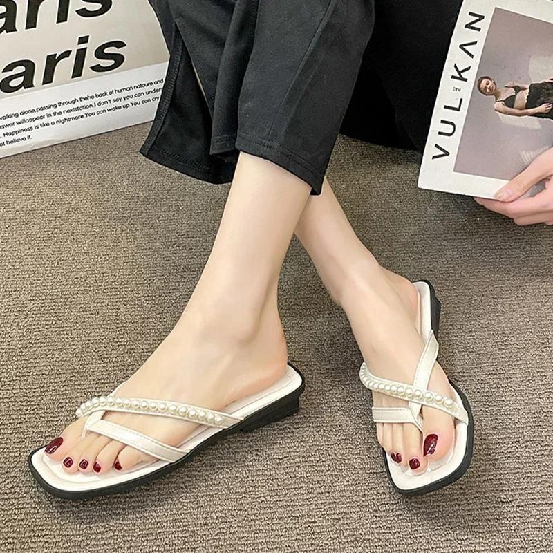 Fashion Pearl Flip Flops for Women Beaded Women Flats Clip Toe Slippers 2024 Summer New Square Toe Slides Cozy Zapatos De Mujer