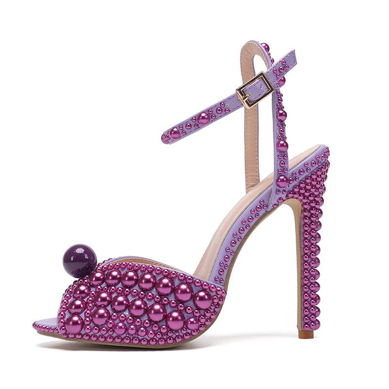 2024 New White Female Sandals Bridal Shoes Woman Fashion Thin Heel Big Pearl Girls Fashion Sandals Party Shoes Sandales Femmes