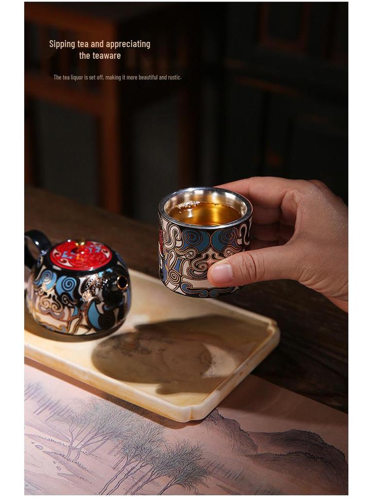 Gold & Silver Inlay Gaiwan Tea Set: Chinese Taotie Teapot with Gilded Teacup & Infuser