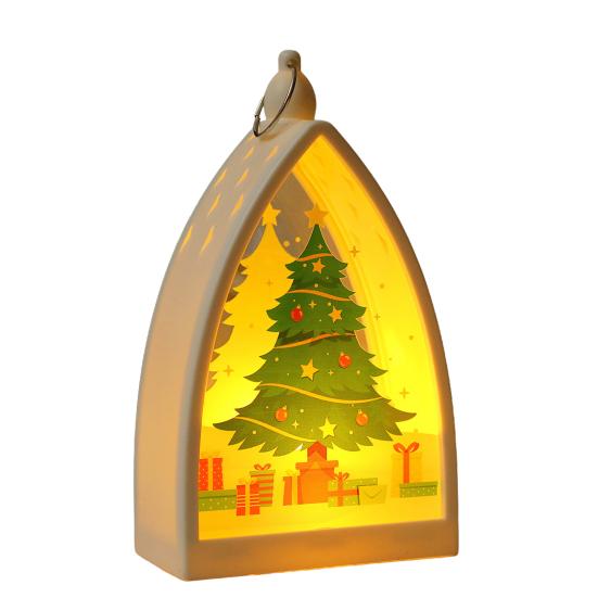Vintage Christmas Ornament House Shape Santa Claus Deer Snowman Statue Night Light Glowing Decoration
