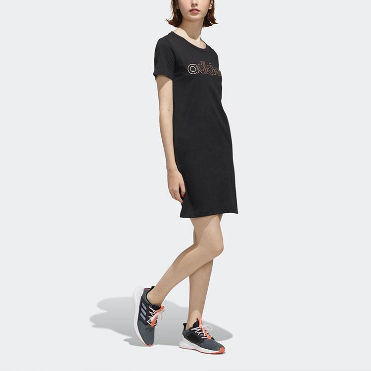 Adidas Logo Comfortable Loose Round Neck Short Sleeve Dress Women Dresses Black FL0141