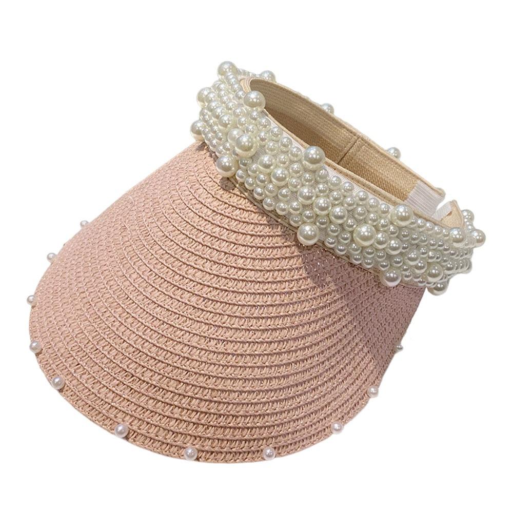 Wide Brim Sun Hat Pearl Decorated Straw Hat Imitation Pearl Beach Hat  UV Protection