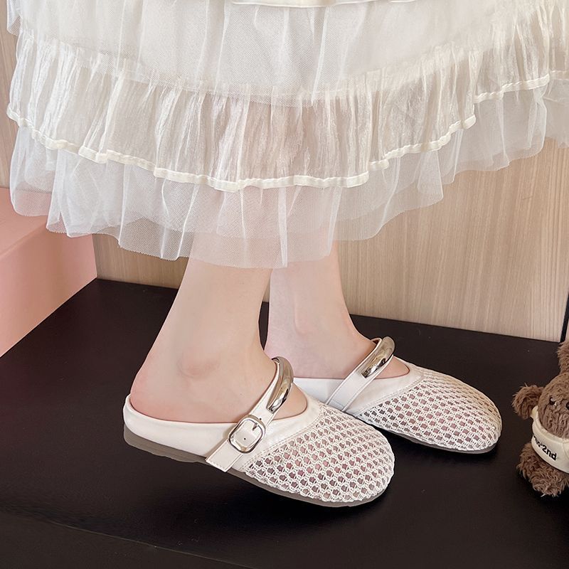 Mesh Breathable Women's Sandals 2025 New French Fishnet Toe Half Slippers for Women To Wear Outside In Summer