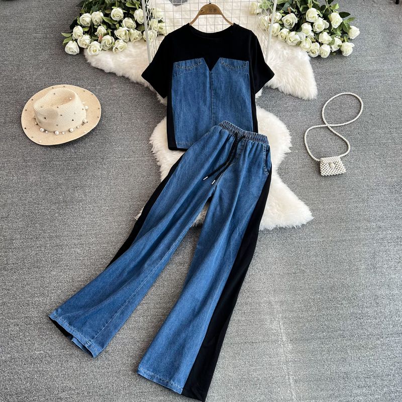 Chic Hong Kong Style Suit Women's Stylish Short Sleeve T-Shirt Patchwork Denim Tops + High Waist Casual Straight Pants Two-piece Set
