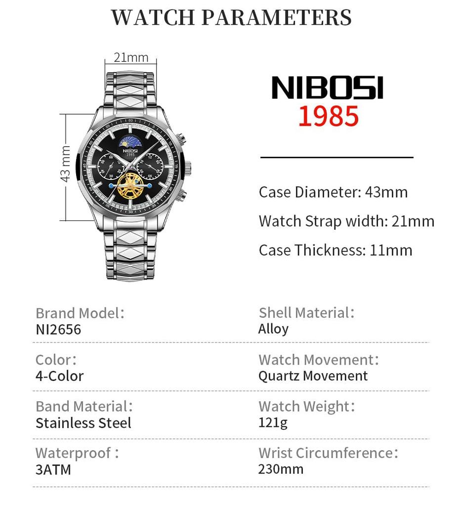NIBOSI Business Big Metal Stainless Watch for Men Men's Watch, Watch, Chronograph, Face, Brand, Stylish, Casual, Band, Steel, Analog, Skeleton,