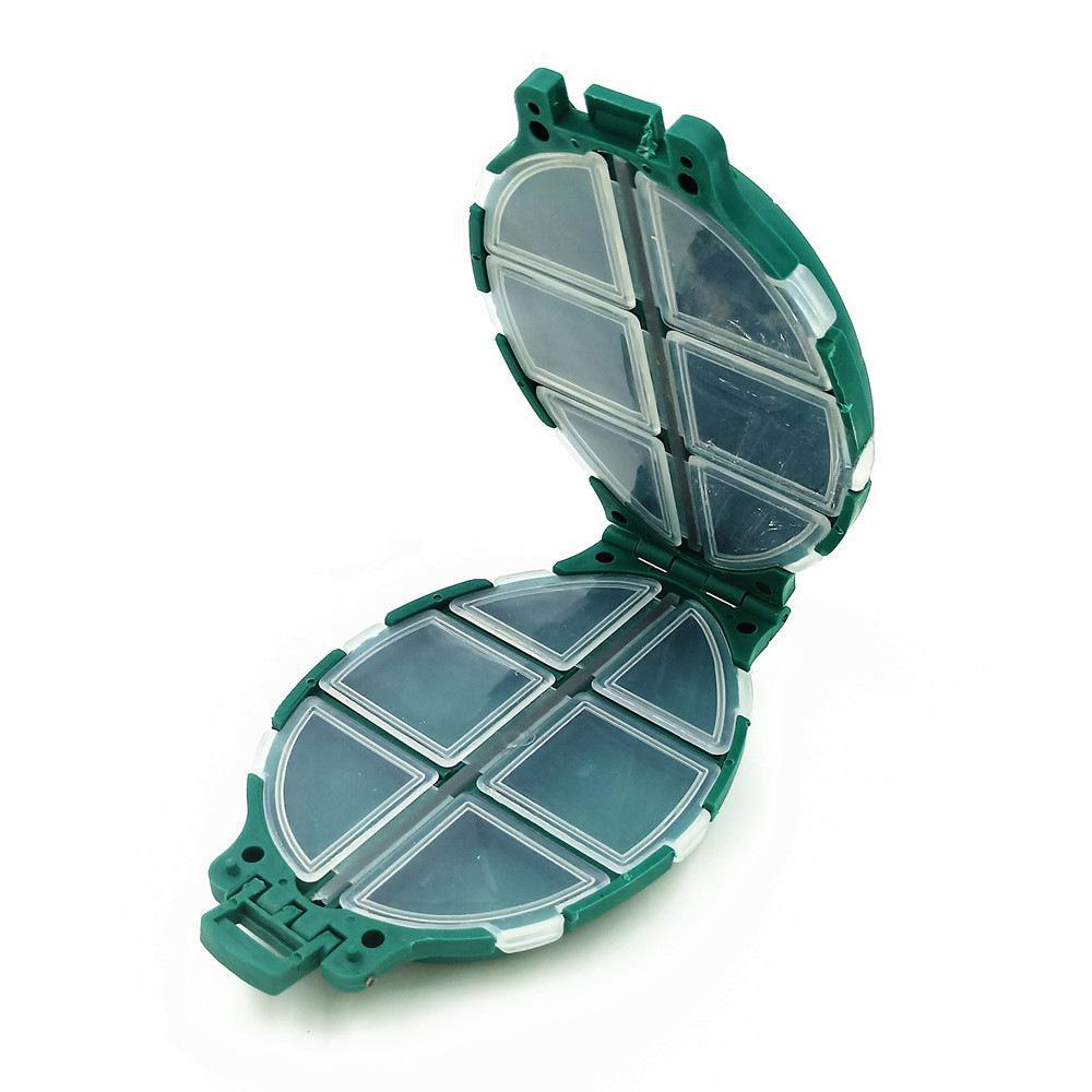 Mini Fishing Tackle Box with 10 Grids - Portable Plastic Storage for Fish Hooks and Swivels, Green Turtle-shaped Design.