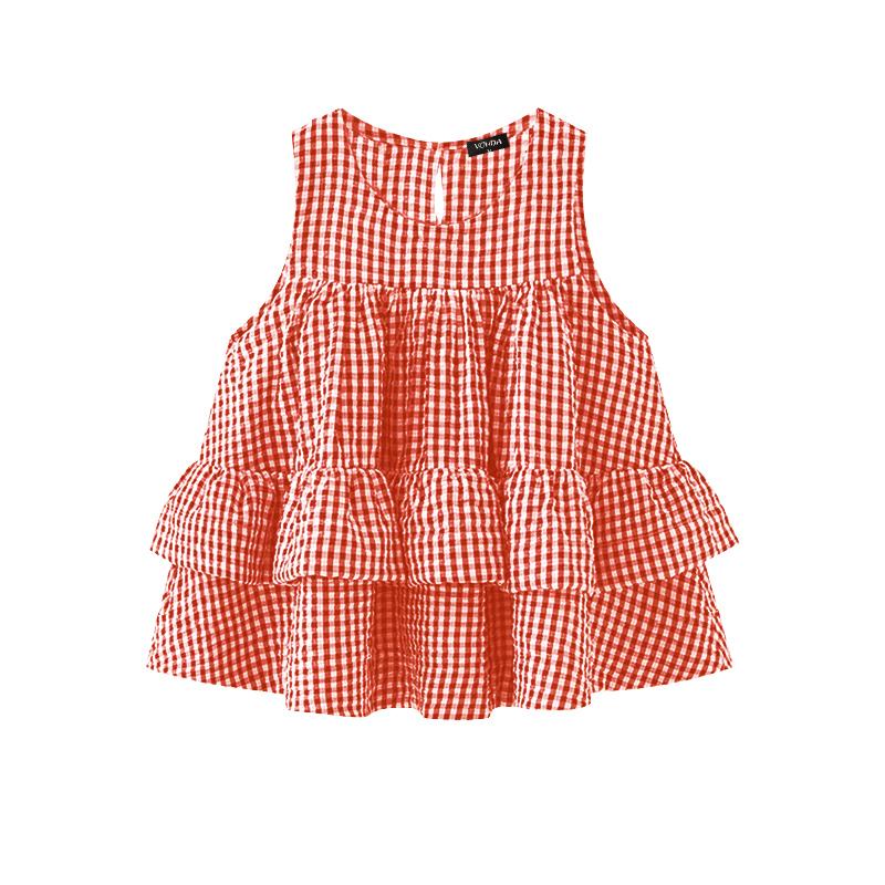 

VONDA Summer Women Sleeveless Plaid Print Ruffled Tank Tops T-shirts 5XL красный