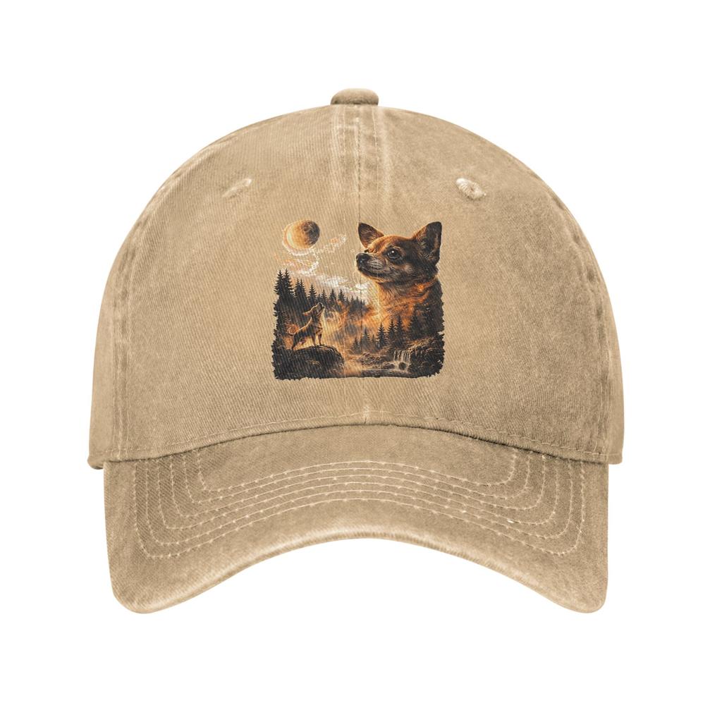 Chihuahua Howling To The Moon Sun Baseball Cap  Y2k Retro FeUnisex Unisex Washed Trucker Hat Baseball Caps Birthday Present