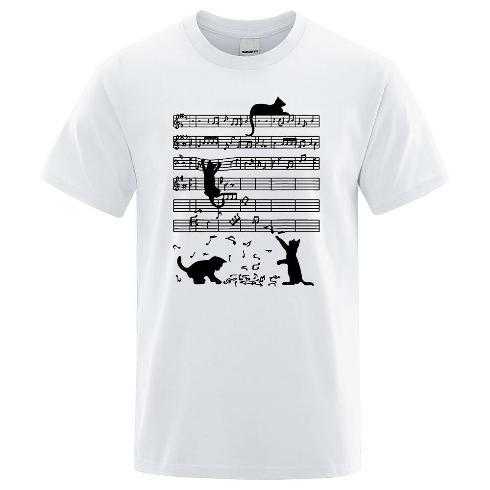 Cotton T Shirt Printed Cat Playing Staves Funny T-shirts for Men Summer Short Sleeve Top Tee Shirts Casual Basic Mens T-shirt