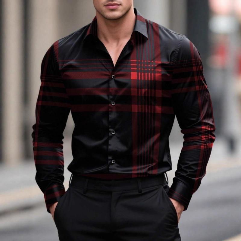 Men Lapel Long Sleeve Shirt Contrast Plaid Check Print Single Breasted Button Slim Business Casual Dress Blouse