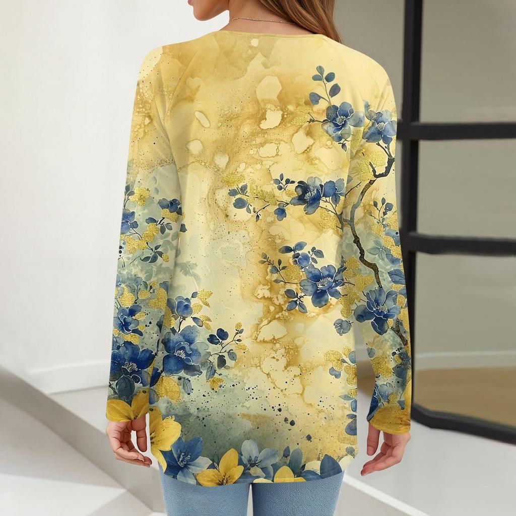 Women's Fashion Casual Long Sleeve Print Round Neck Pullover Top Blouse