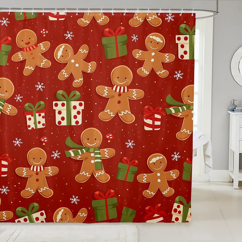 Merry Pink Christmas Shower Curtain,Cartoon Gingerbread Man Bathroom Curtain,Snowflakes Candy Fabric Shower Curtains,Happy New