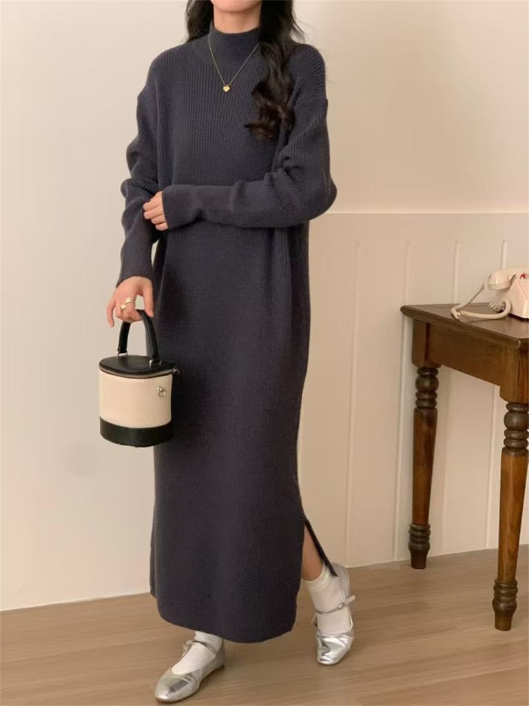 Solid color versatile semi-turtleneck knitted dress women's autumn and winter new loose inner matching coat sweater long dress