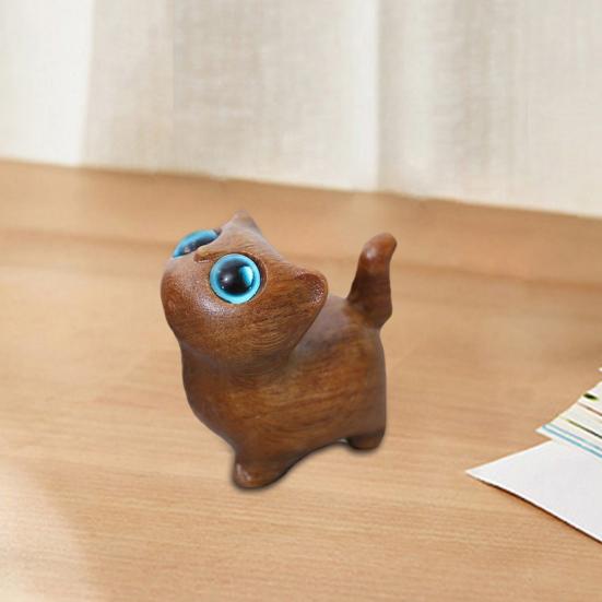 Mini Cat Figurine Hand-carved Wooden Cat Statue Collectible Polished Miniature