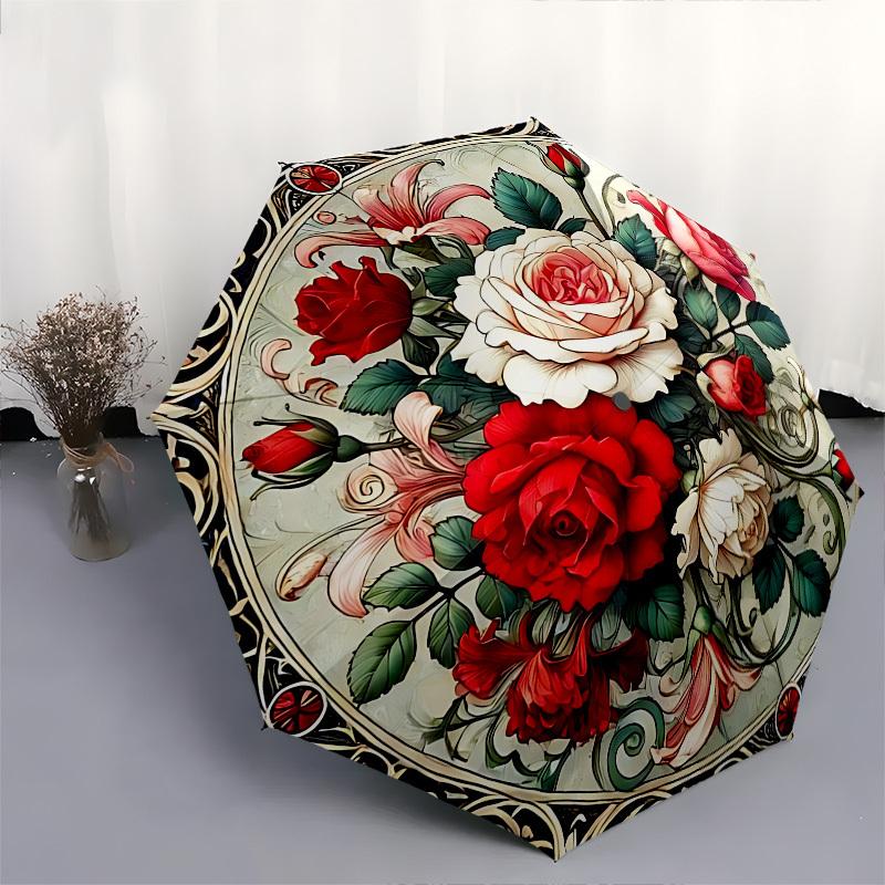 Roses,Stained Automatic Folding Umbrella Compact 8 Rib Design,Unique Style,Suitable for Everyday Outdoor Use,Perfect Gift for Friends