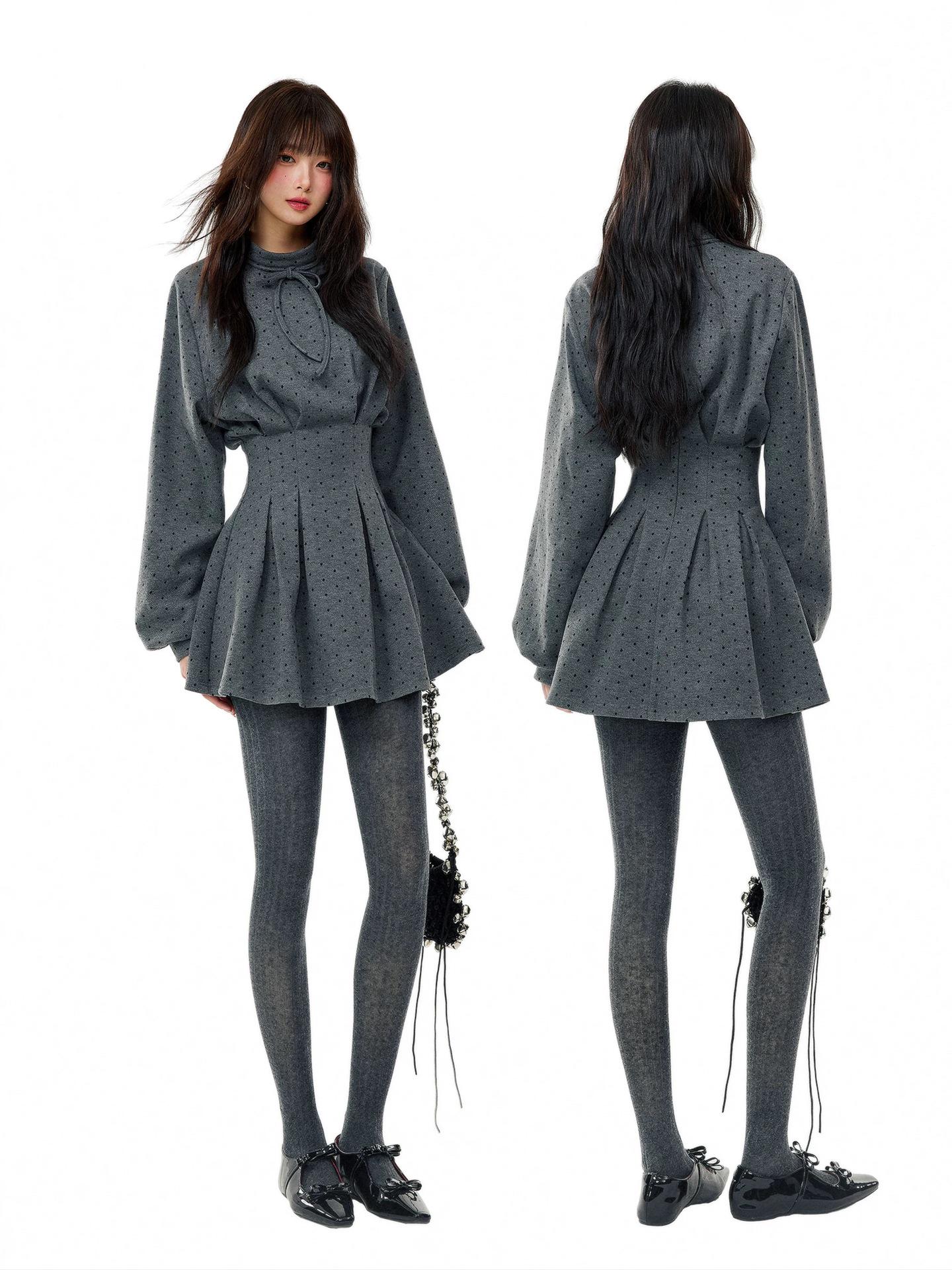 Women s Winter Grey Polka Dot Cinched Waist Shirt Dress Large серый