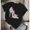 T-shirt da Donna Nera con Stampa Floreale Rosa Perla Scarpa con Tacco Alto Stile Casual Manica Corta Abbigliamento