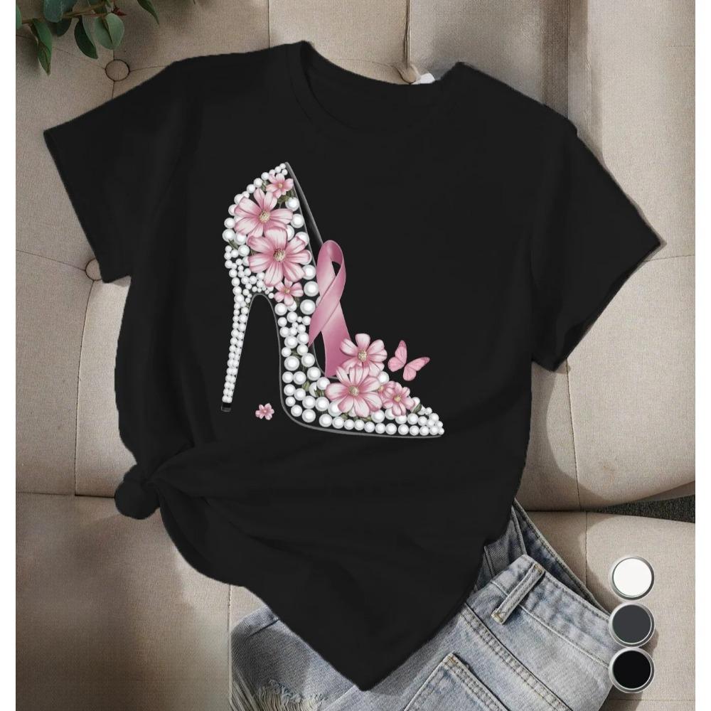 T-shirt da Donna Nera con Stampa Floreale Rosa Perla Scarpa con Tacco Alto Stile Casual Manica Corta Abbigliamento