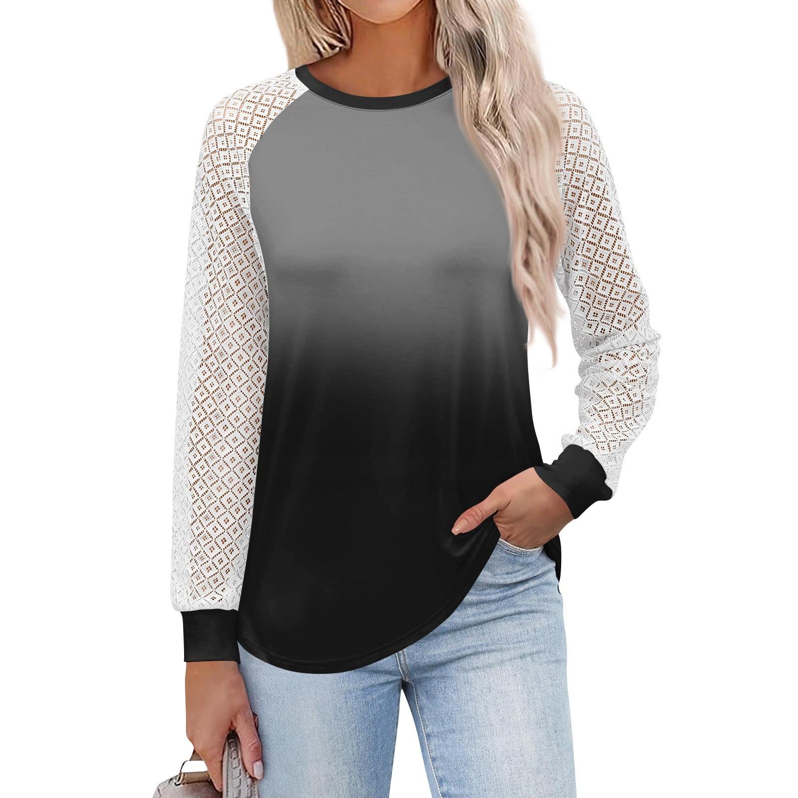 

Женские футболки с длинным рукавом, топы с круглым вырезом и кружевом, повседневные блузки, модные топы L чёрный
