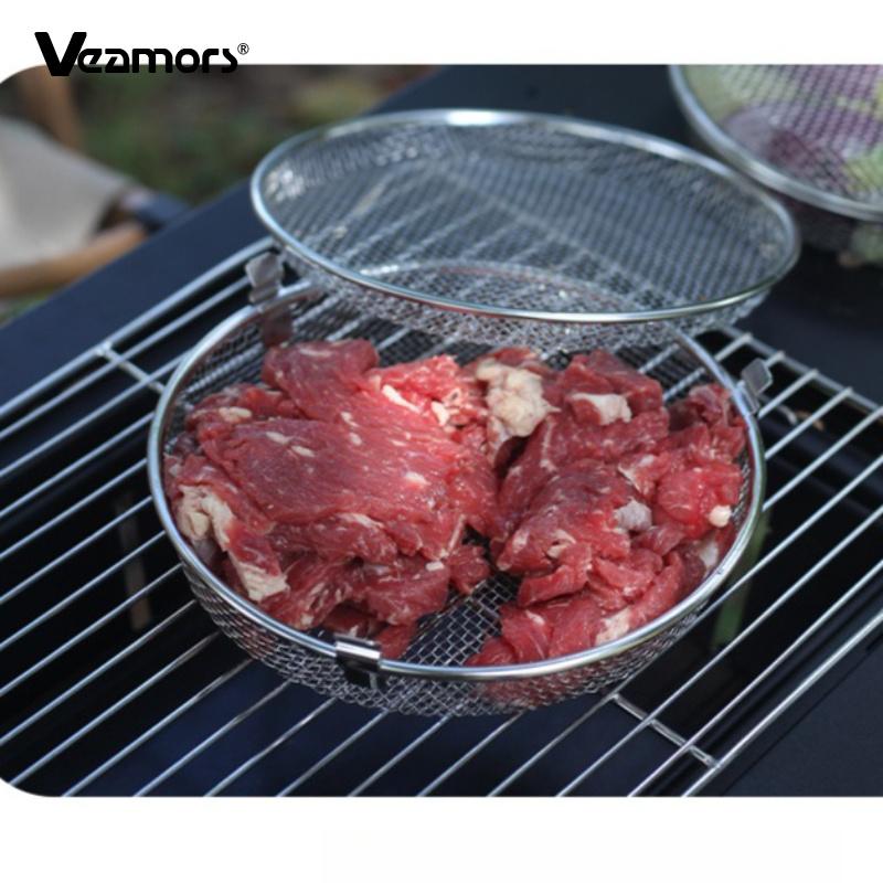 Stainless Steel Round BBQ Grill Basket Portable Lockable Barbecue Mesh Cage Outdoor Camping Picnic Meat Vegetable Seafood Grilling Tool