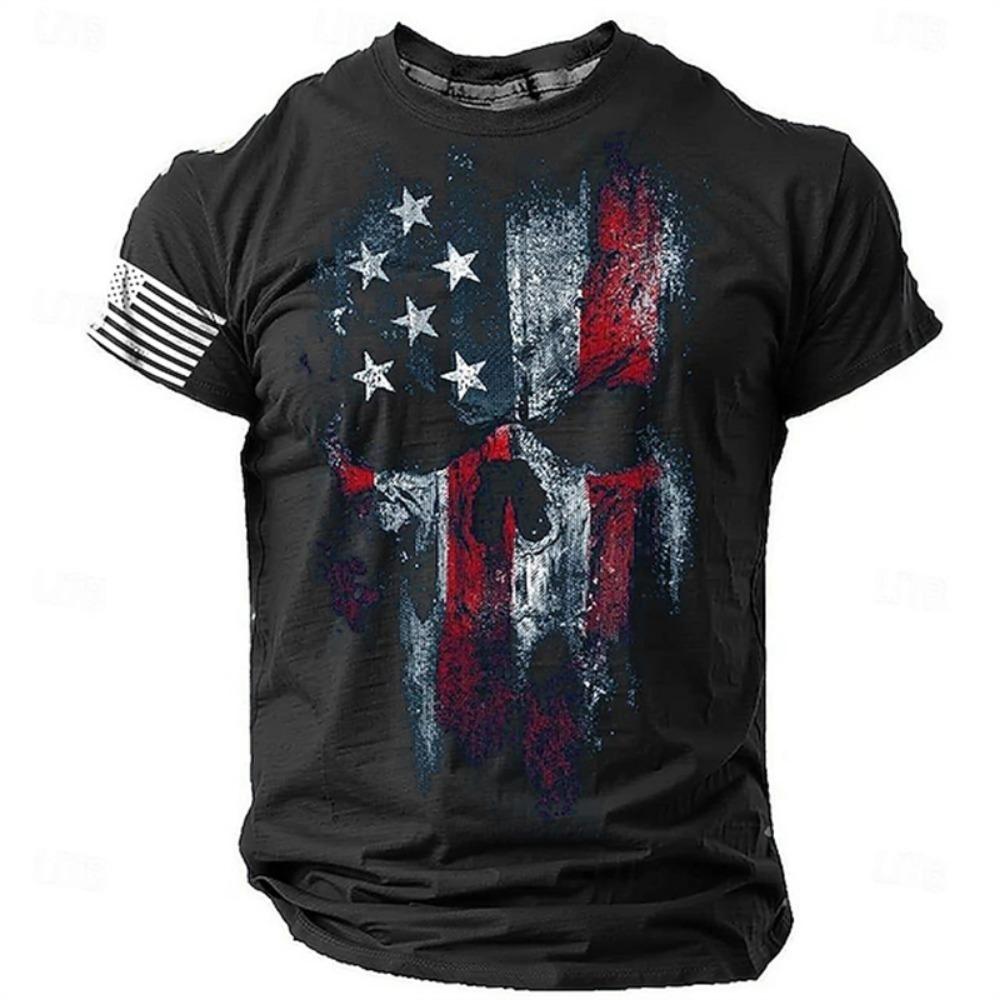 Summer Men's Retro Flag Printed T-shirt 3D Skull Round Neck Short Sleeve Casual Breathable Men's Large Size T Shirt Hot Model
