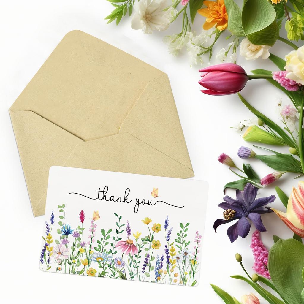 Lavendel Gänseblümchen Frühling Floral Dankeskarten mit Umschlägen & Aufklebern, Abgerundete Ecke Faltbares Blanko Notizkarten Set für Geschenke