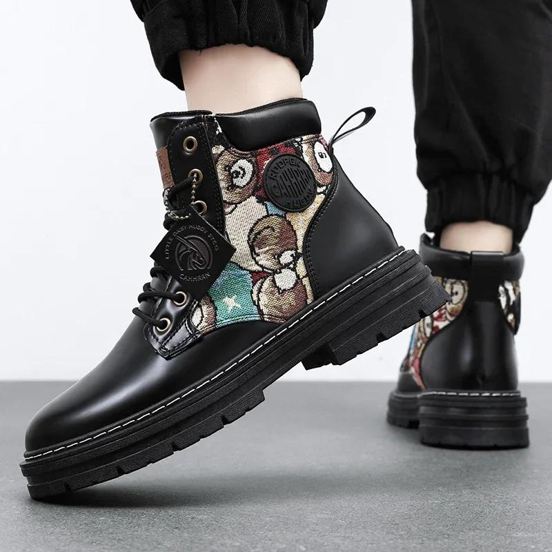 Módní nové pánské vysoké boty 2024 Módní ležérní motocyklové boty Venkovní teplé pánské pracovní boty Platforma Protiskluzové boty Botas Para Hombre