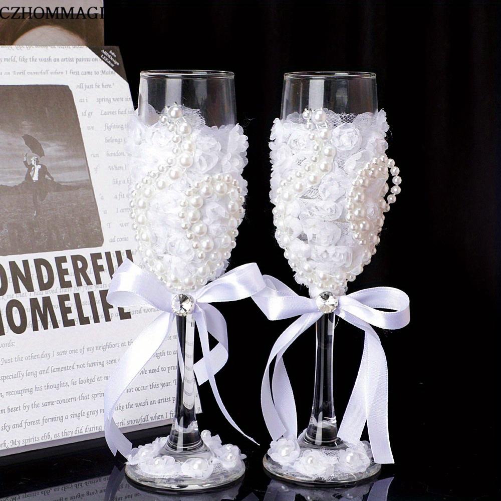 1 Pair Wedding Champagne Glasses Bride And Groom Champagne Flutes Premium Lace Decor Wine Goblet For Bar Pub Club Restaurant And Home Use Drinkware Fo