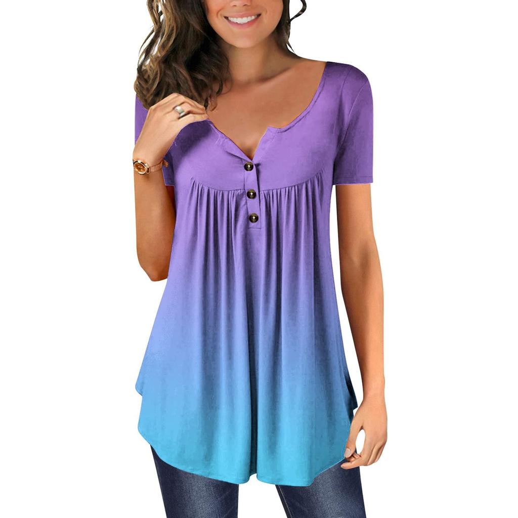 Tricou de damă, cu decolteu în V, cu imprimeu degradat, cu flori, cu mânecă scurtă