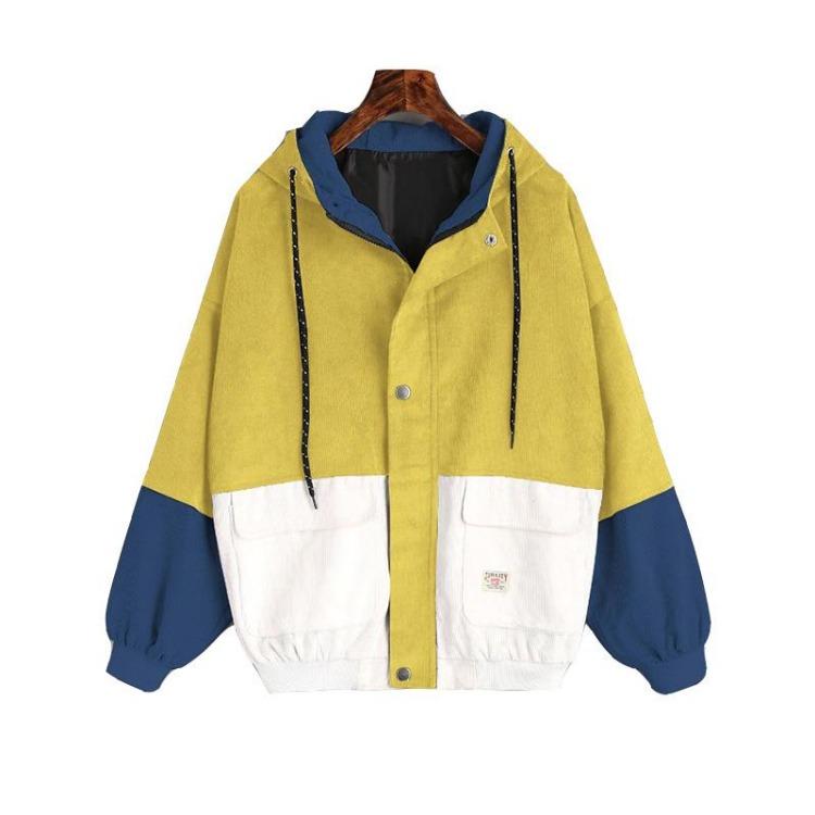 Women Hooded Corduroy Jacket Streetwear Patchwork Coat Autumn Windbreaker Outerwear Brand