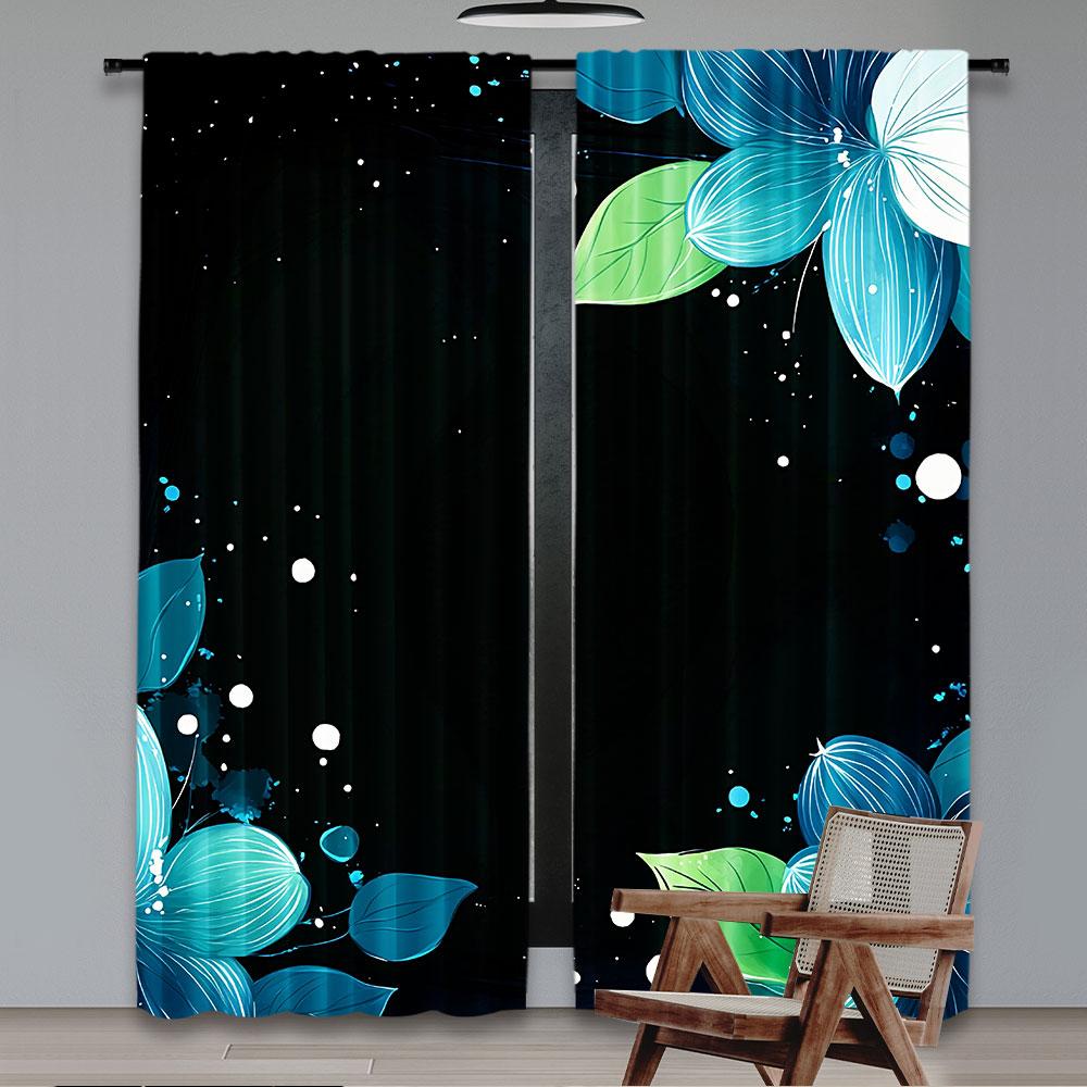 

2Pcs Blue Teal Flower Curtain Black Background Plant Modern Flower Turquoise Blue Blooming For Living Room Dining Room And 29x65in(75x166cm)