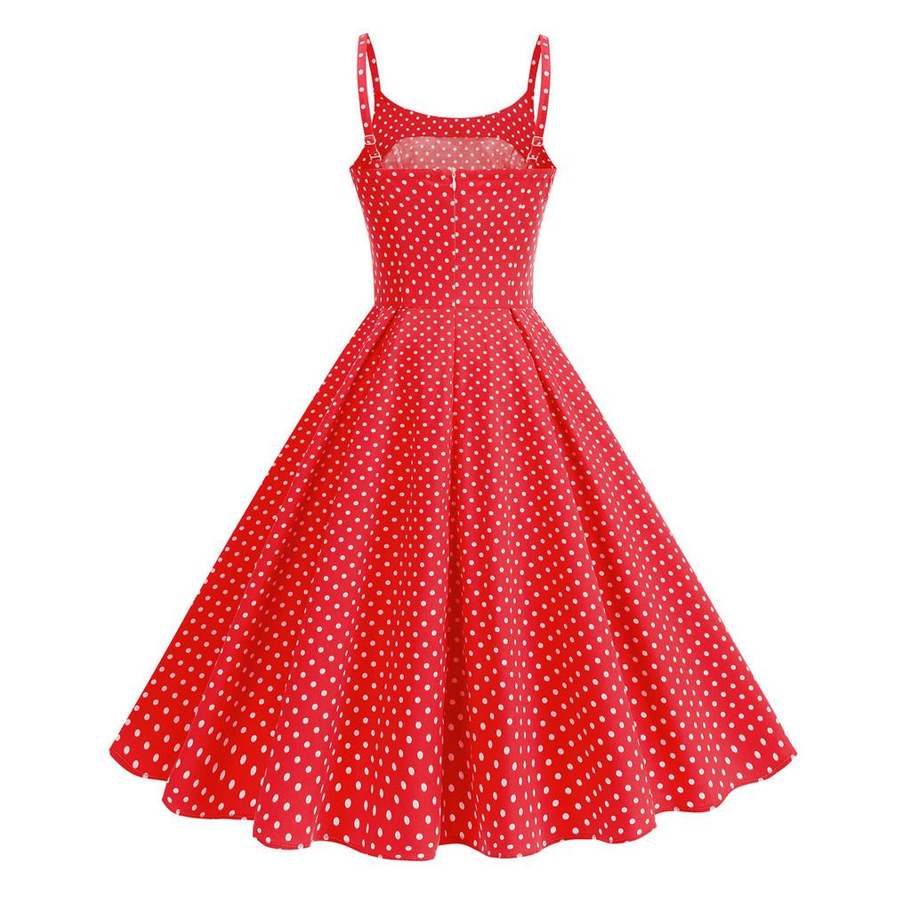 Hebe Style Vintage Dot Print Sleeveless Midi Dress For Casual Travel