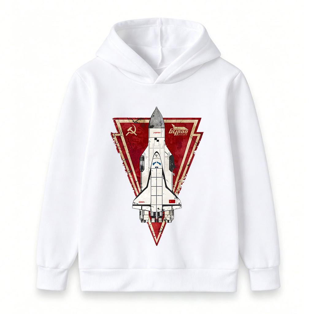 Kids Boys Girls Pullover Hoodie, Vintage Soviet Buran Space Shuttle Print Casual Hooded Sweatshirt for Space Fans, Comfortable Long Sleeve Tops for Da