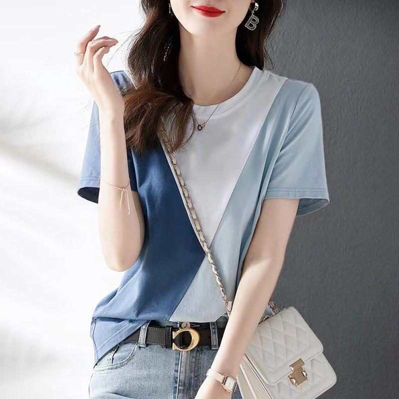 Women's Block T-Shirt Asymmetric Panel Tees Casual Short Sleeve Top